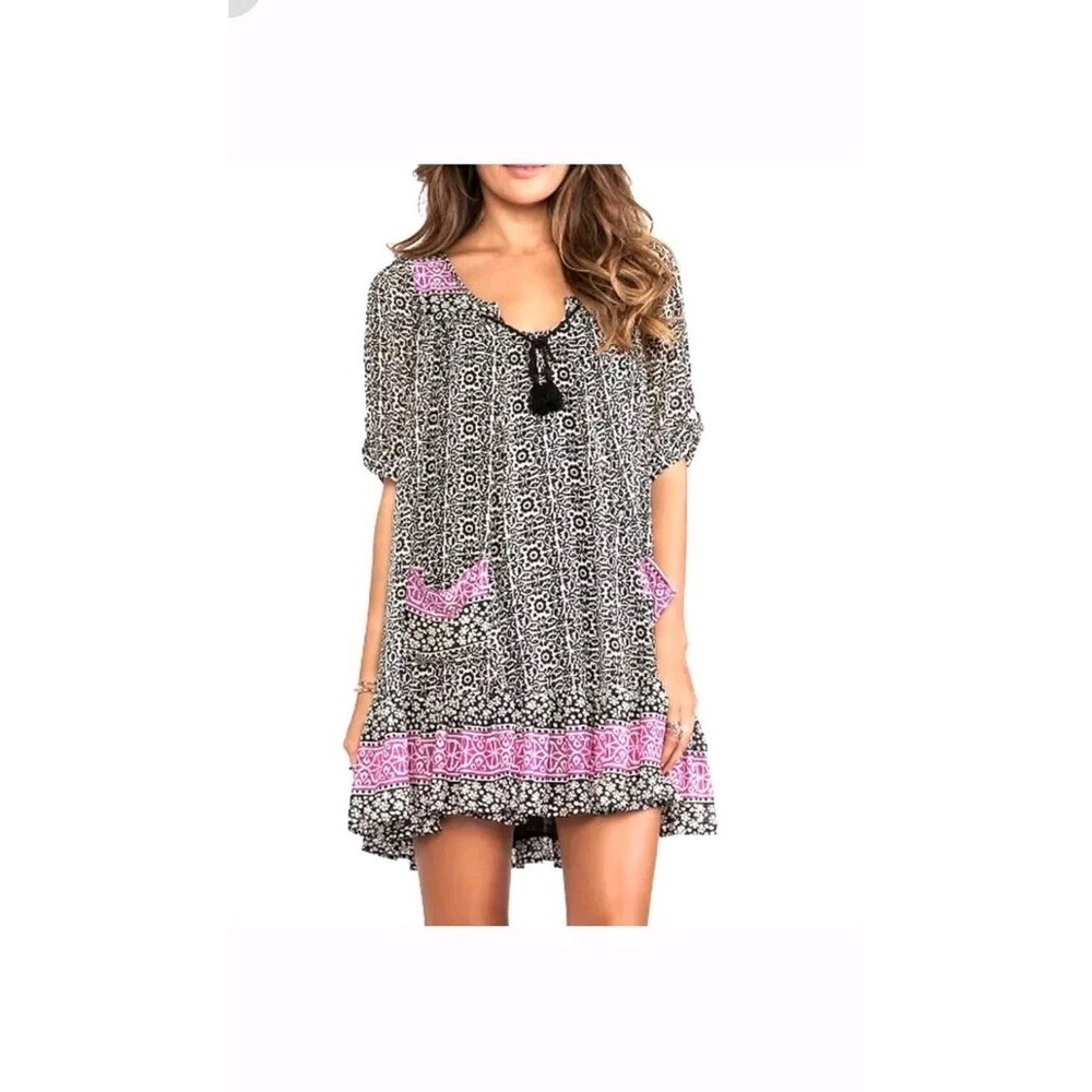 Free People Black Pink Floral Printed Tassel Tunic Dress Small